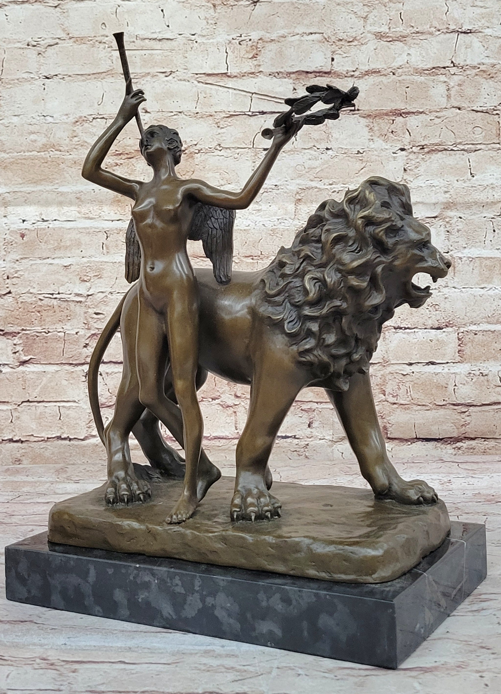 Aldo Vitaleh Bronze Lion with Angel Sculpture