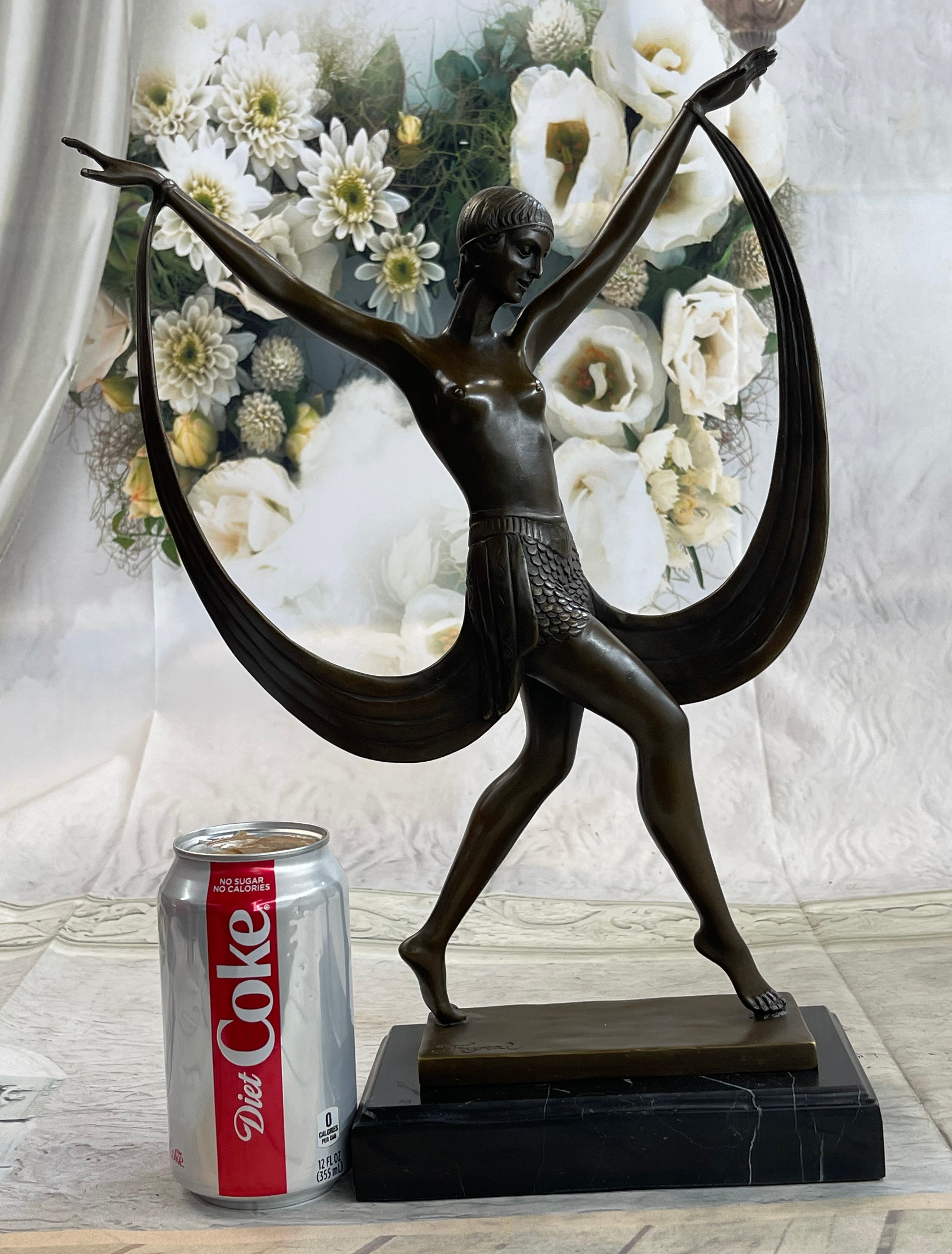 SIGNED ART DECO NUDE GIRL DANCER FAYRAL BRONZE STATUE MARBLE BASE FIGURINE LARGE