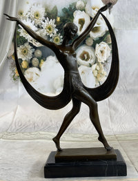 SIGNED ART DECO NUDE GIRL DANCER FAYRAL BRONZE STATUE MARBLE BASE FIGURINE LARGE