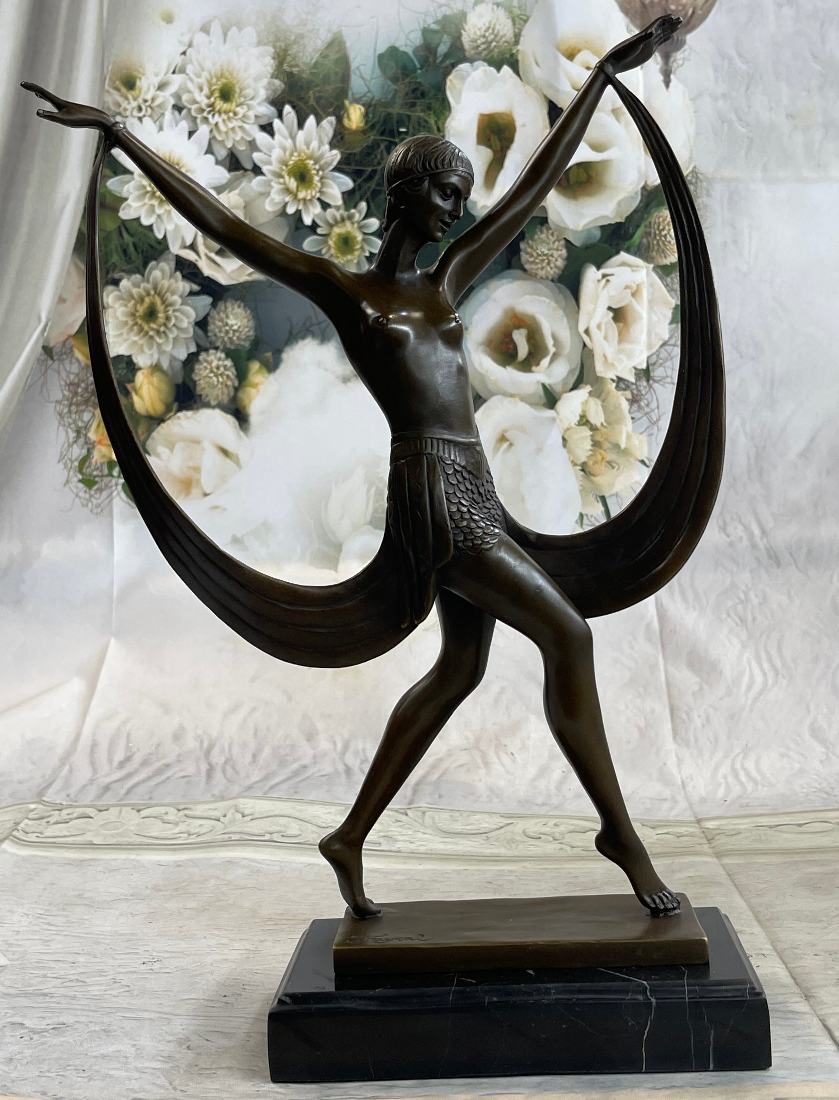 SIGNED ART DECO NUDE GIRL DANCER FAYRAL BRONZE STATUE MARBLE BASE FIGURINE LARGE