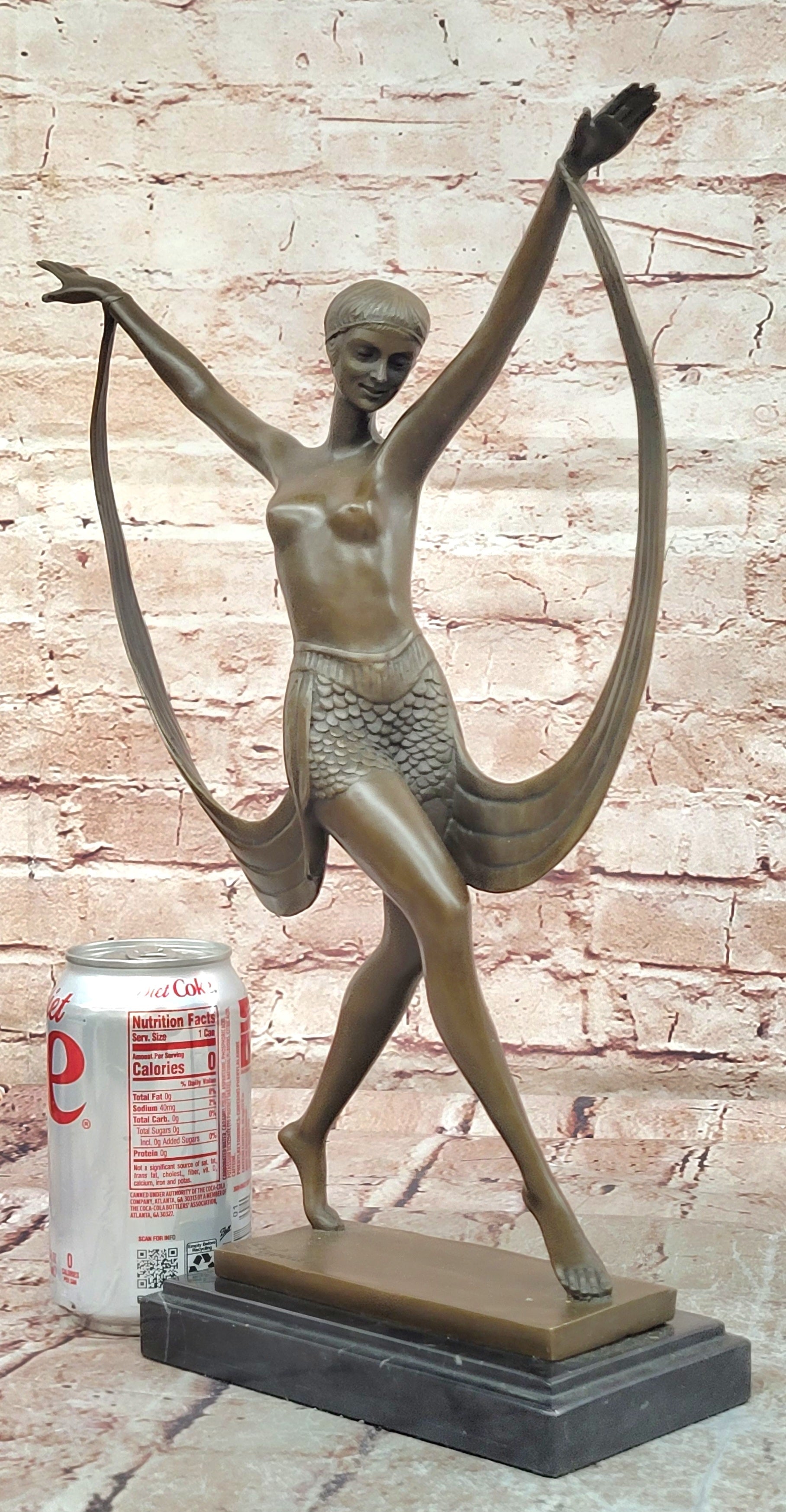 SIGNED ART DECO NUDE GIRL DANCER FAYRAL BRONZE STATUE MARBLE BASE FIGURINE LARGE