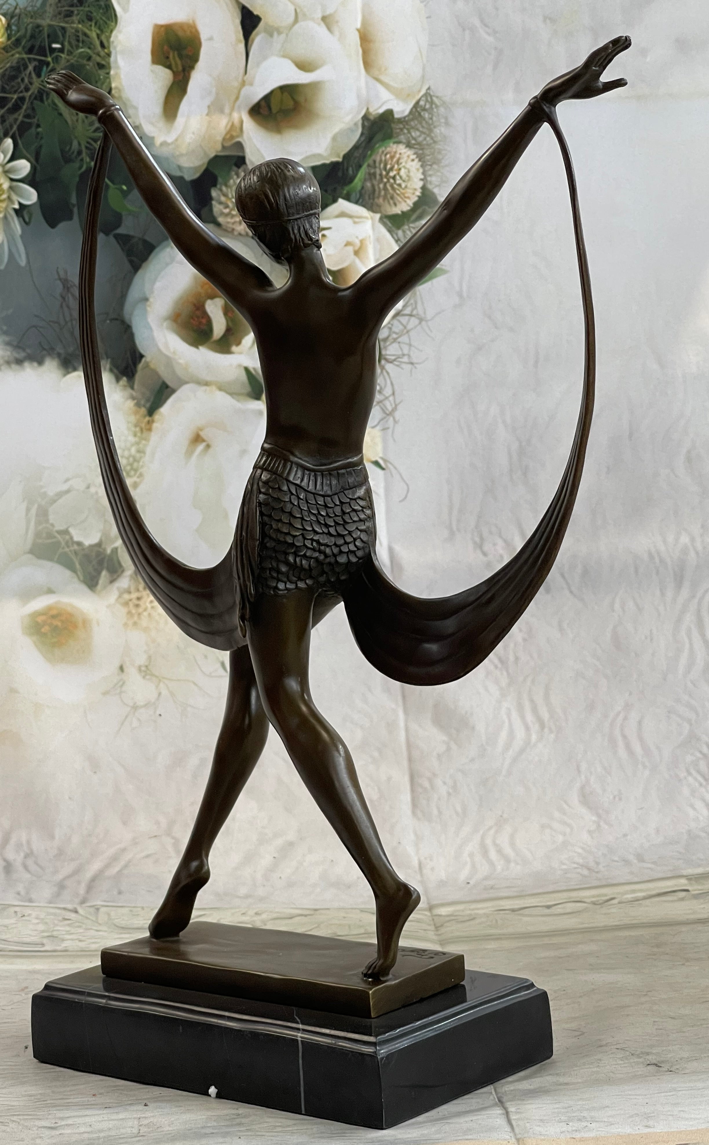 SIGNED ART DECO NUDE GIRL DANCER FAYRAL BRONZE STATUE MARBLE BASE FIGURINE LARGE