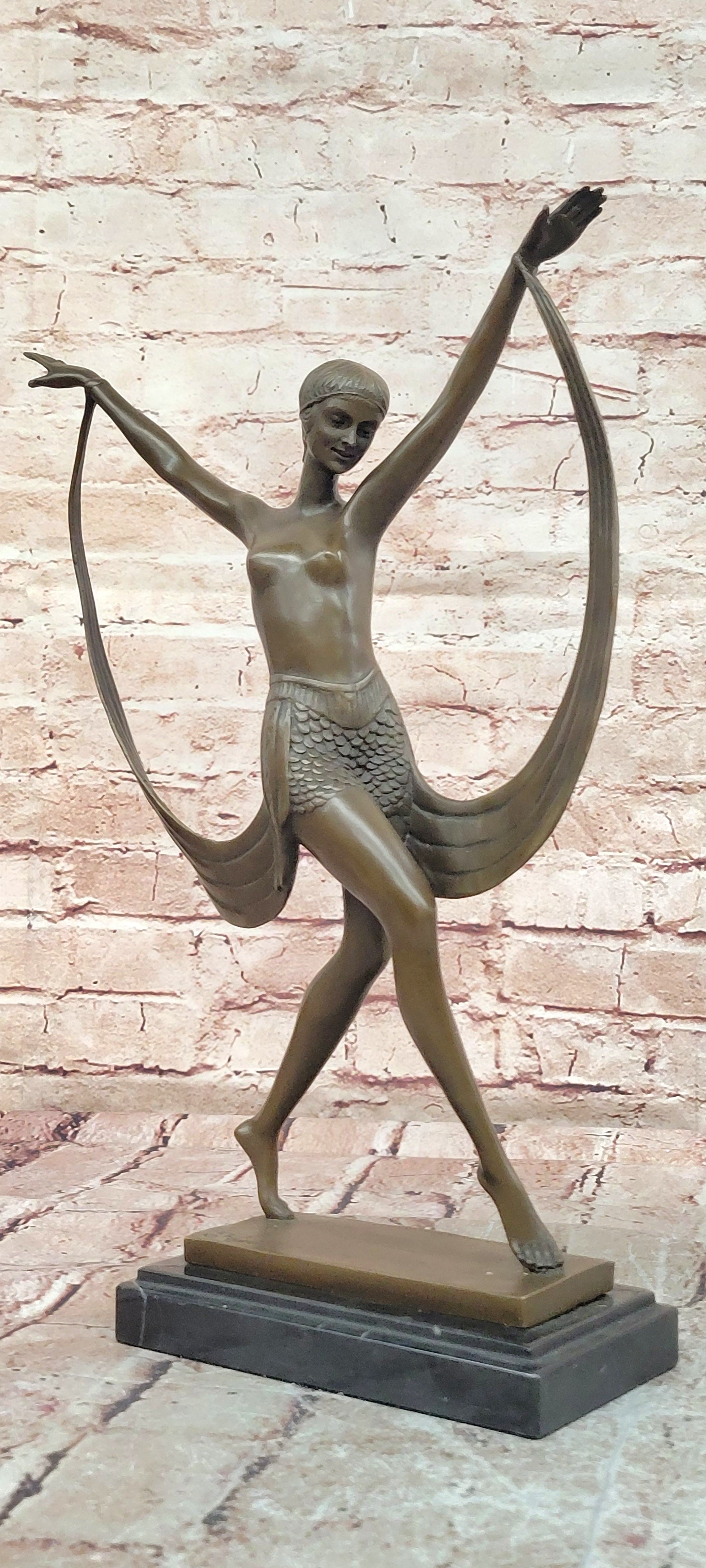 SIGNED ART DECO NUDE GIRL DANCER FAYRAL BRONZE STATUE MARBLE BASE FIGURINE LARGE