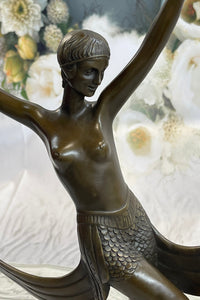 SIGNED ART DECO NUDE GIRL DANCER FAYRAL BRONZE STATUE MARBLE BASE FIGURINE LARGE