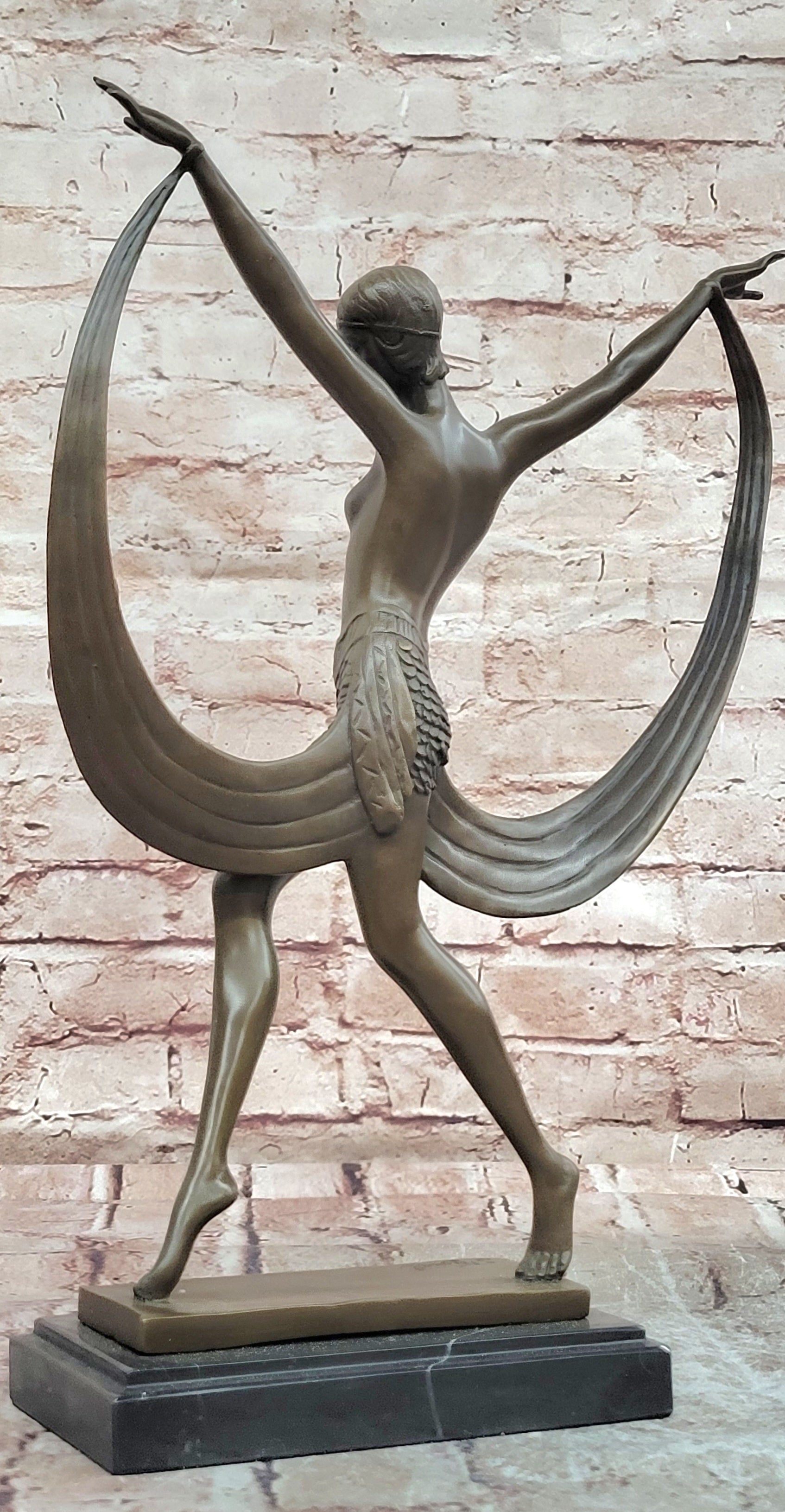 SIGNED ART DECO NUDE GIRL DANCER FAYRAL BRONZE STATUE MARBLE BASE FIGURINE LARGE