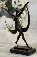 SIGNED ART DECO NUDE GIRL DANCER FAYRAL BRONZE STATUE MARBLE BASE FIGURINE LARGE