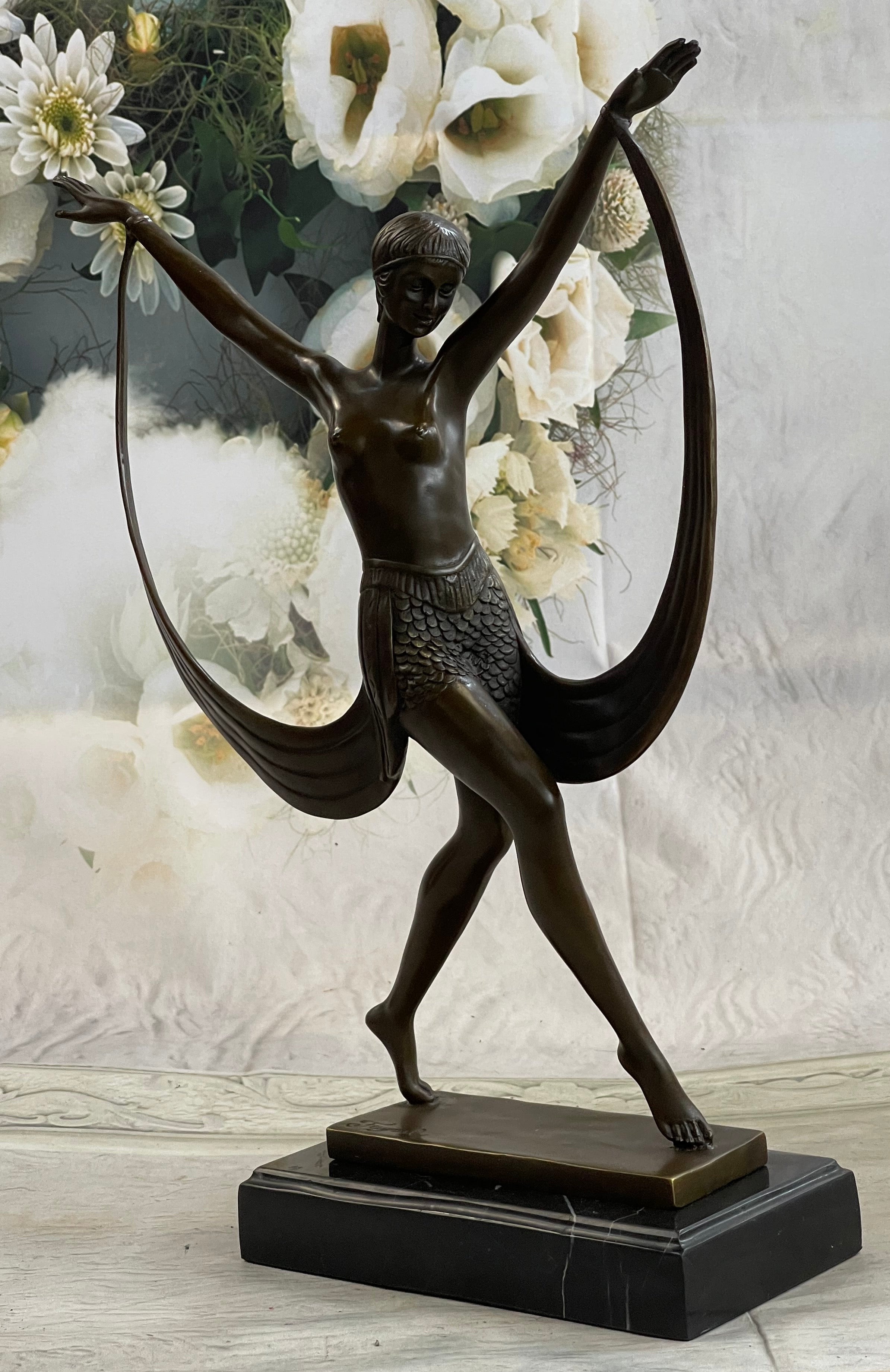 SIGNED ART DECO NUDE GIRL DANCER FAYRAL BRONZE STATUE MARBLE BASE FIGURINE LARGE