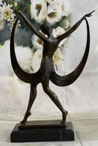 SIGNED ART DECO NUDE GIRL DANCER FAYRAL BRONZE STATUE MARBLE BASE FIGURINE LARGE