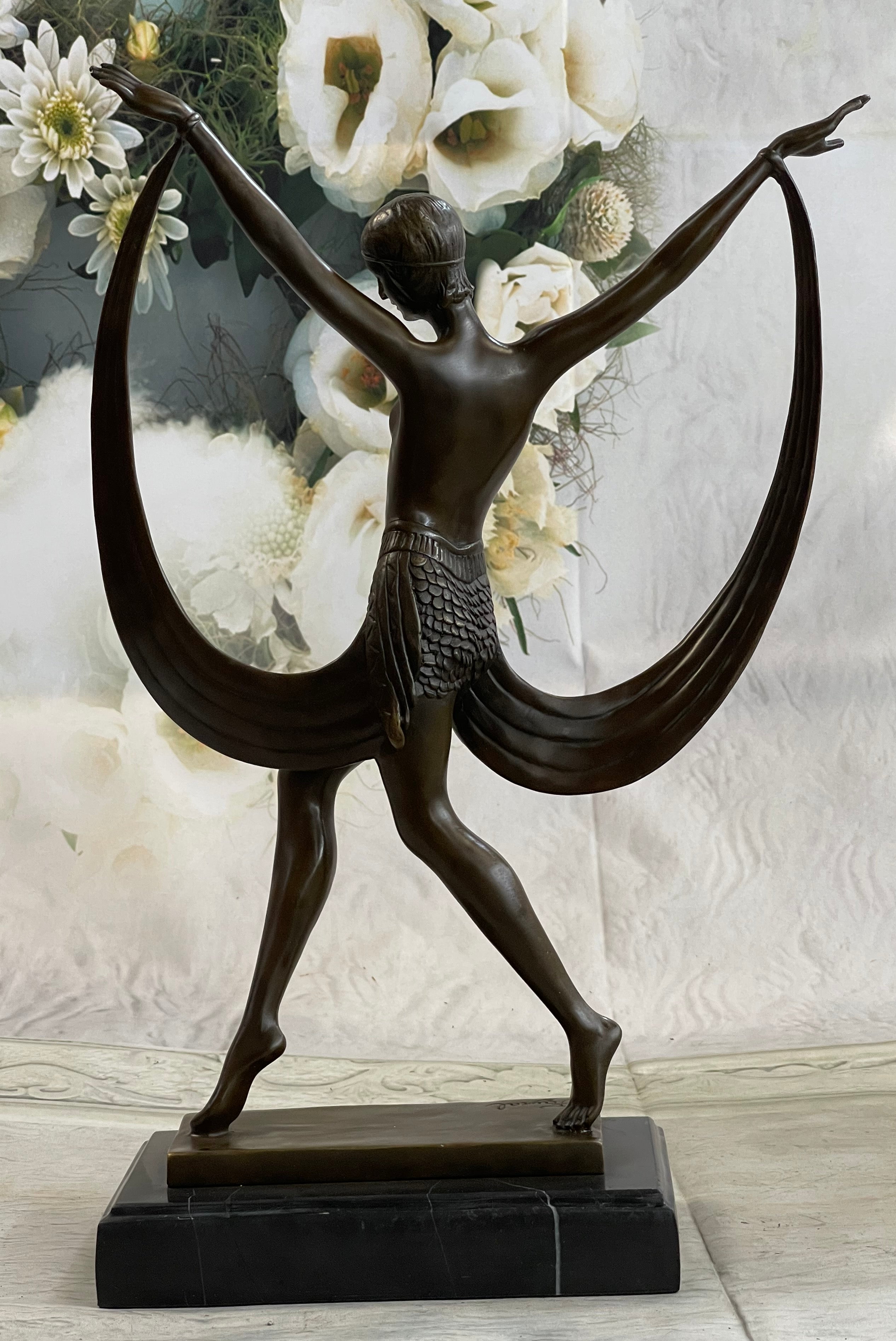 SIGNED ART DECO NUDE GIRL DANCER FAYRAL BRONZE STATUE MARBLE BASE FIGURINE LARGE