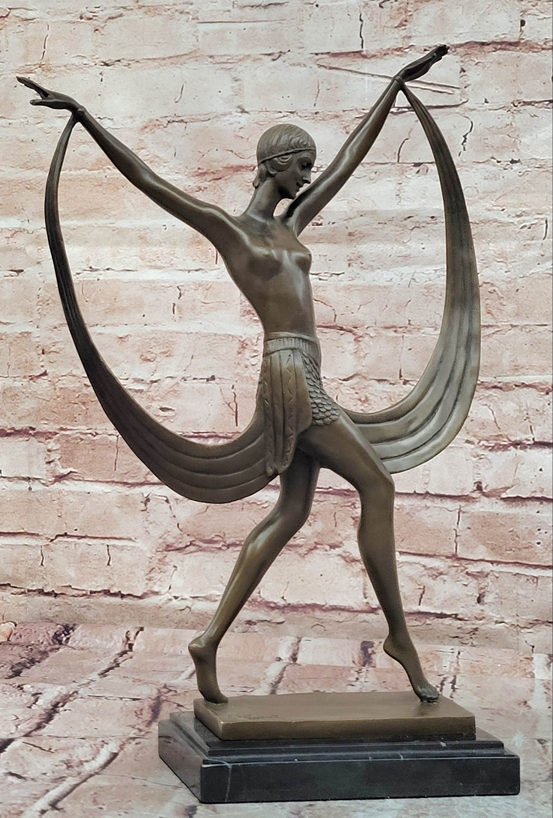 SIGNED ART DECO NUDE GIRL DANCER FAYRAL BRONZE STATUE MARBLE BASE FIGURINE LARGE