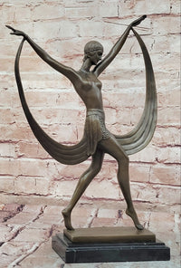 SIGNED ART DECO NUDE GIRL DANCER FAYRAL BRONZE STATUE MARBLE BASE FIGURINE LARGE