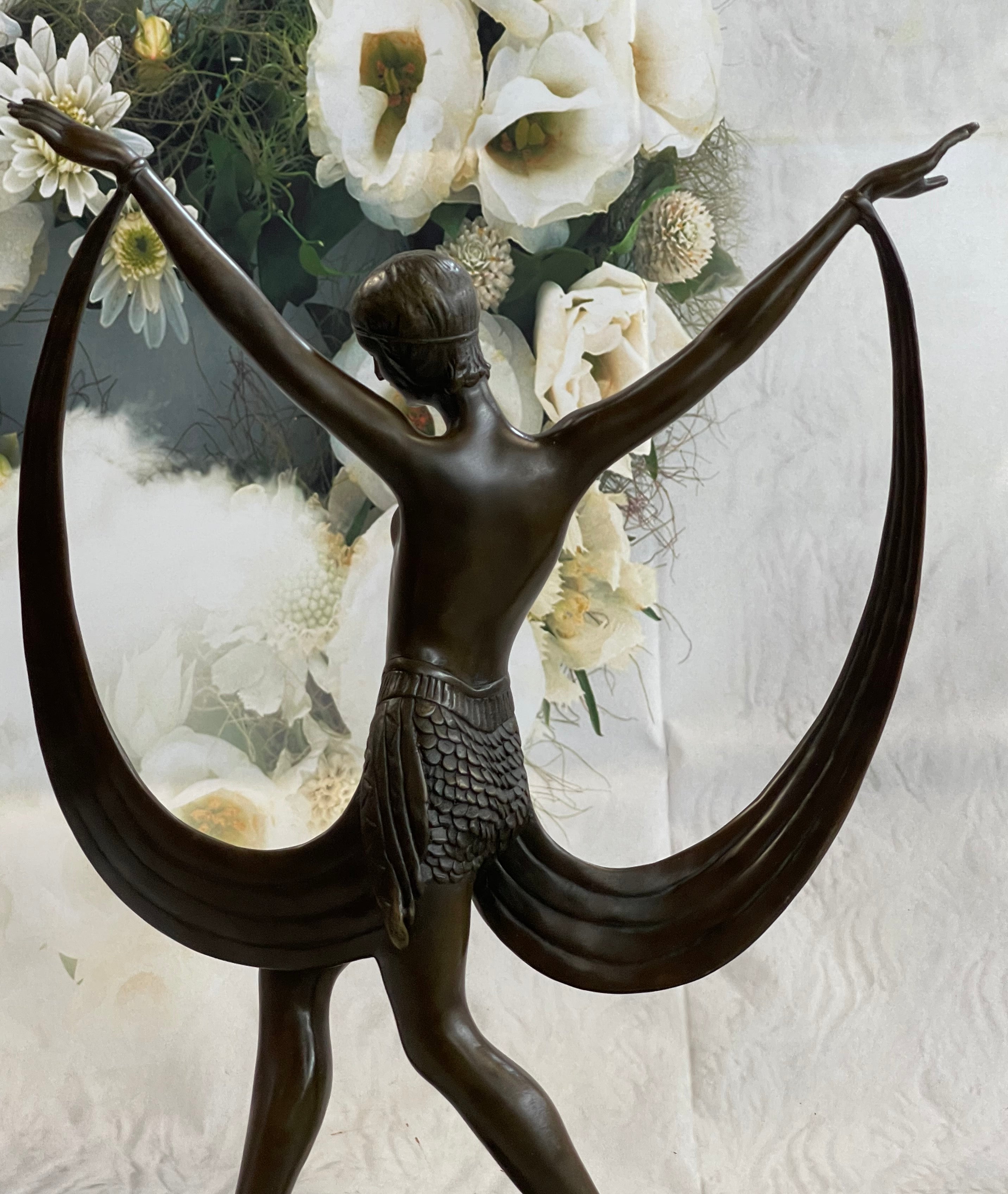 SIGNED ART DECO NUDE GIRL DANCER FAYRAL BRONZE STATUE MARBLE BASE FIGURINE LARGE
