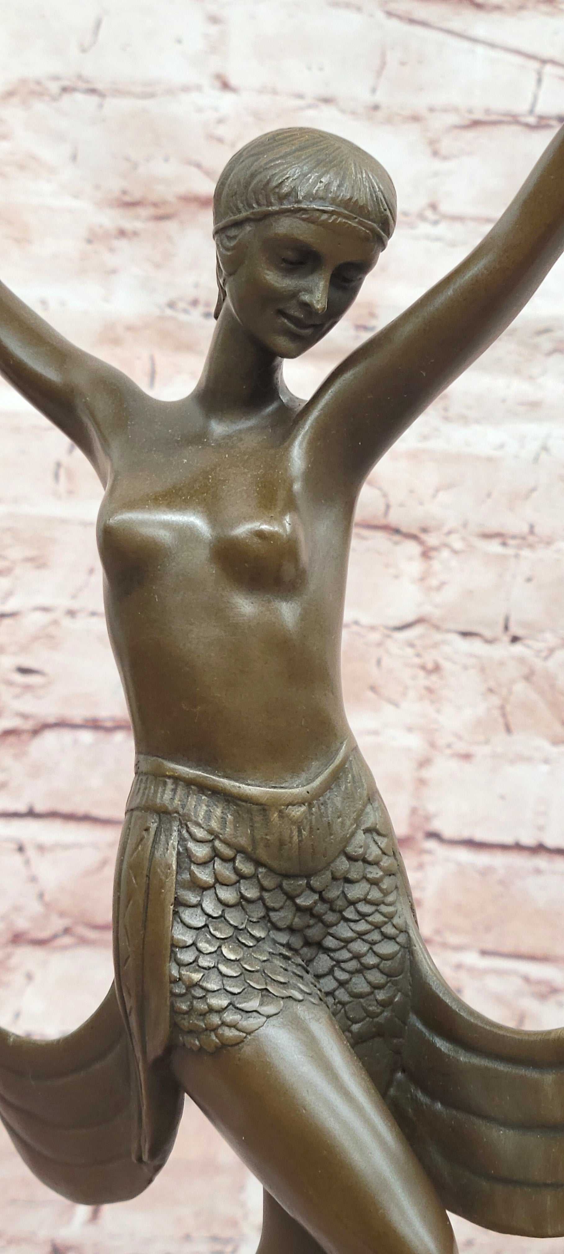 SIGNED ART DECO NUDE GIRL DANCER FAYRAL BRONZE STATUE MARBLE BASE FIGURINE LARGE