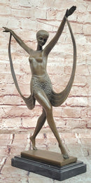 SIGNED ART DECO NUDE GIRL DANCER FAYRAL BRONZE STATUE MARBLE BASE FIGURINE LARGE