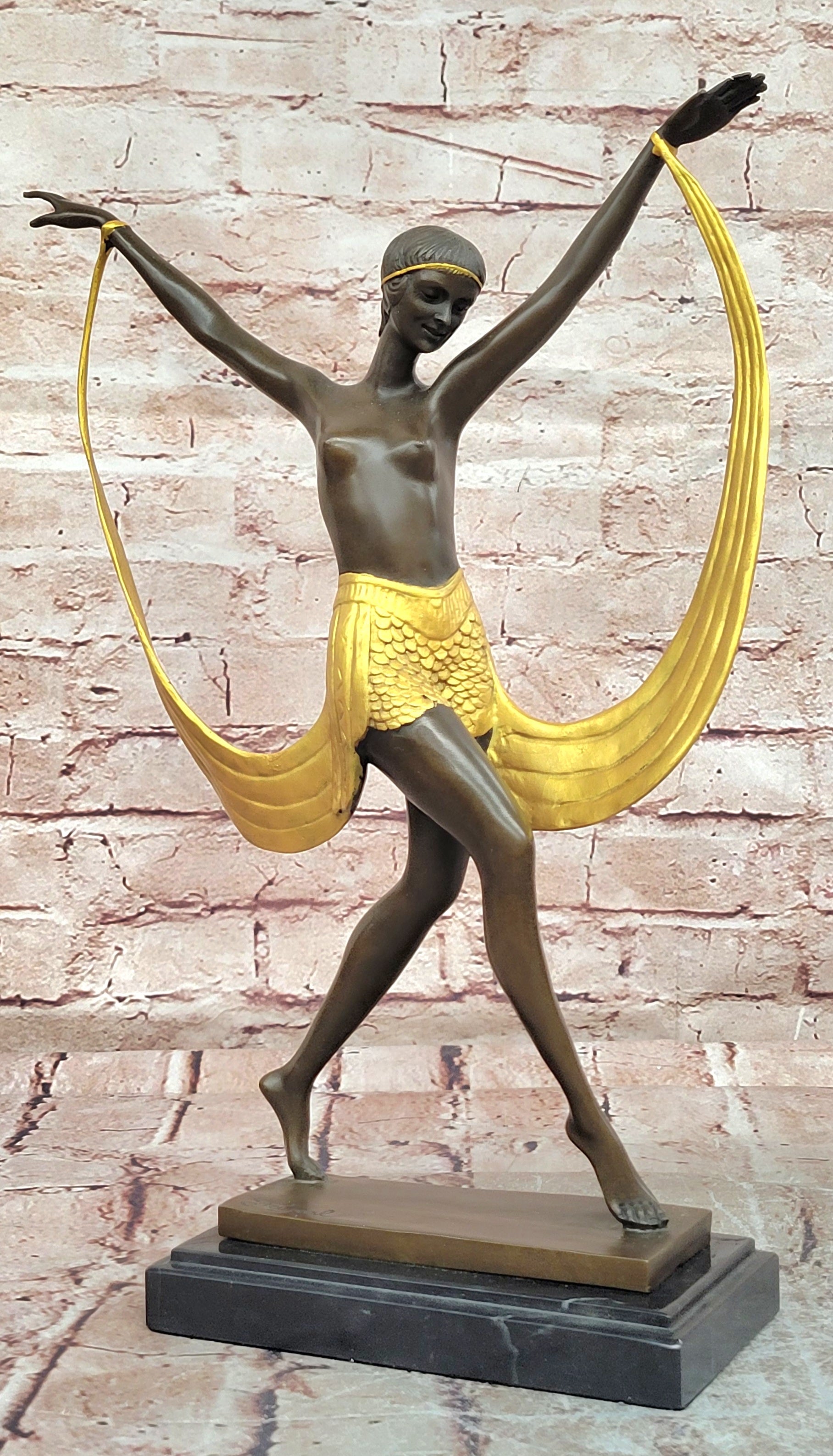 Hand Made Art Deco Genuine Bronze Sculpture Nude Scarf Dancer Figurine Figure