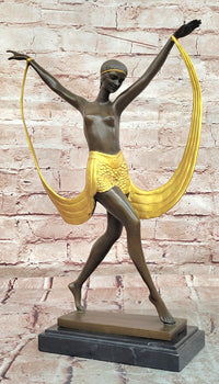Hand Made Art Deco Genuine Bronze Sculpture Nude Scarf Dancer Figurine Figure
