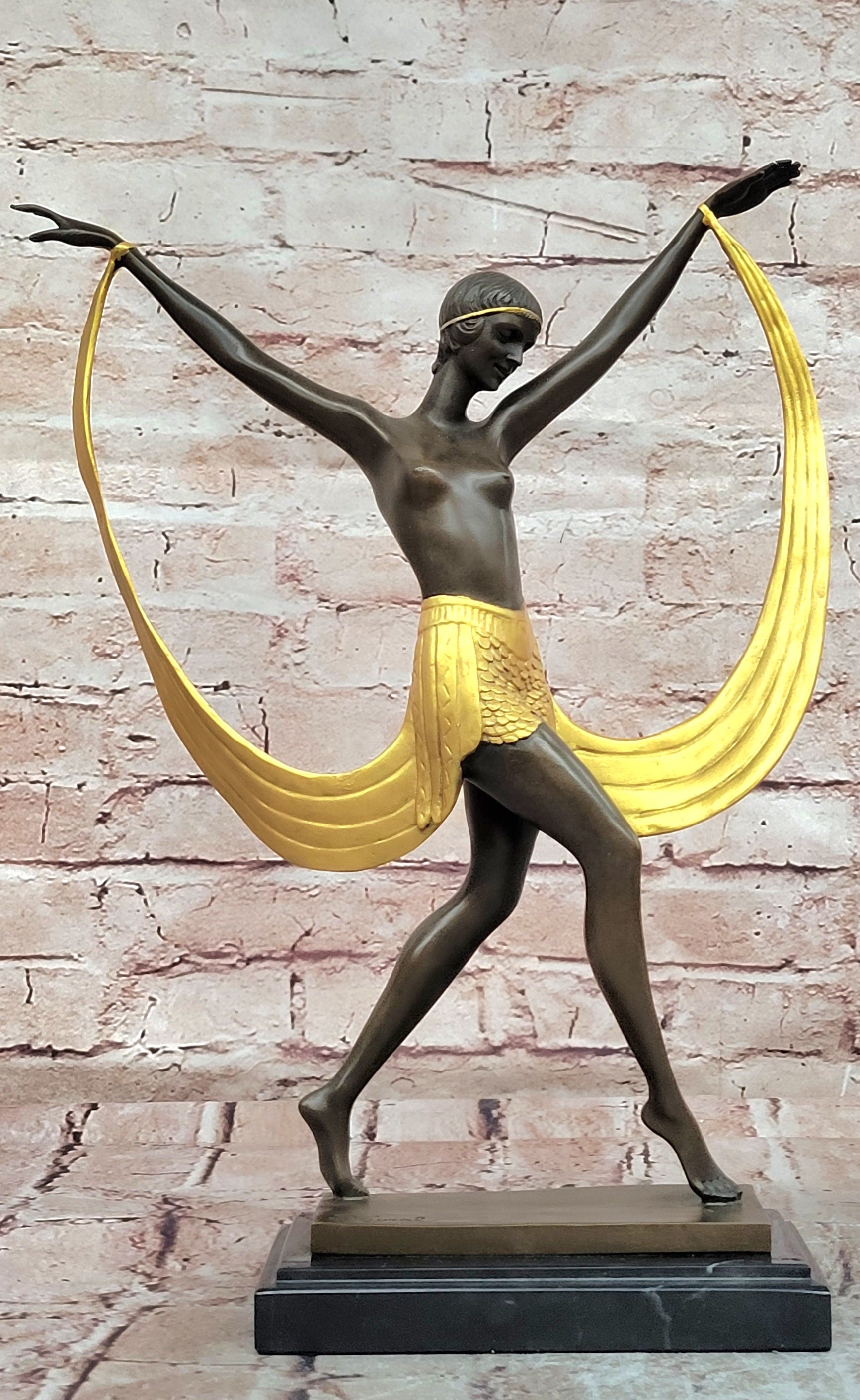Hand Made Art Deco Genuine Bronze Sculpture Nude Scarf Dancer Figurine Figure