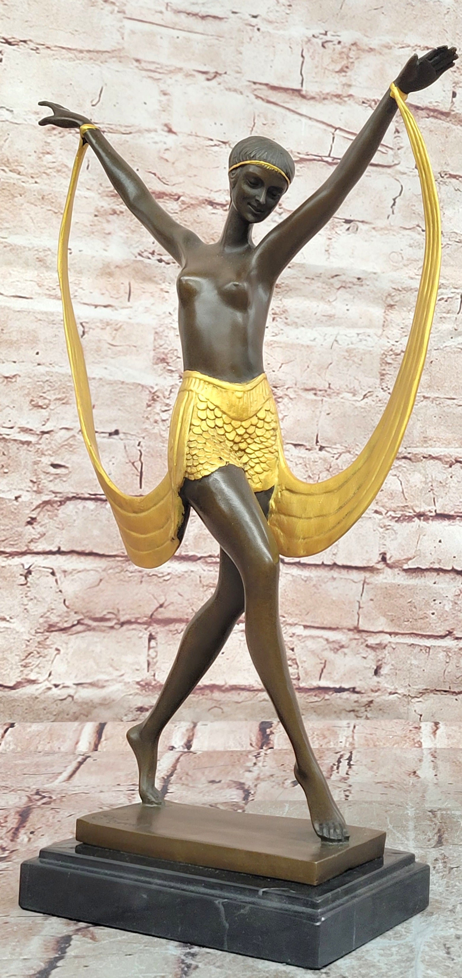 Hand Made Art Deco Genuine Bronze Sculpture Nude Scarf Dancer Figurine Figure