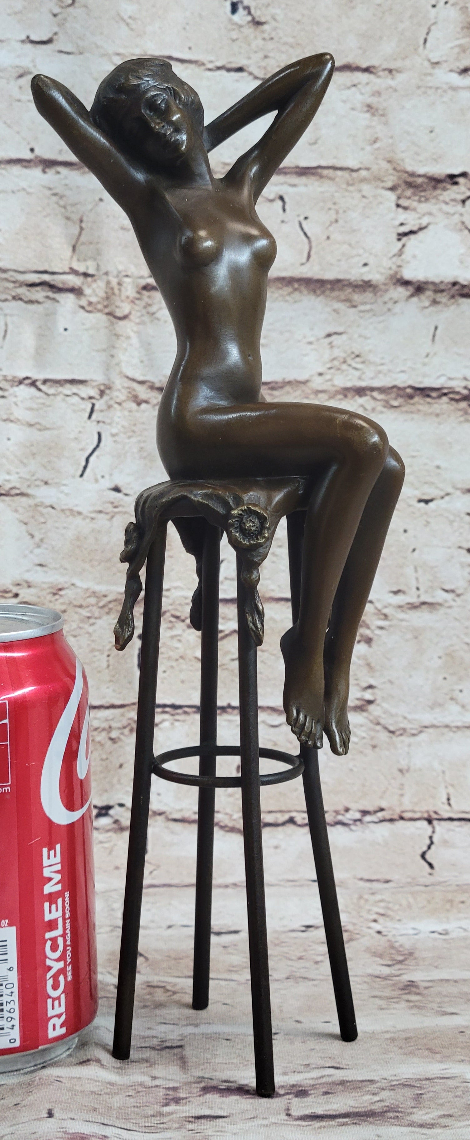 Nude Female Figure Girl Sitting on Stool Bronze Sculpture Art