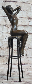 Nude Female Figure Girl Sitting on Stool Bronze Sculpture Art