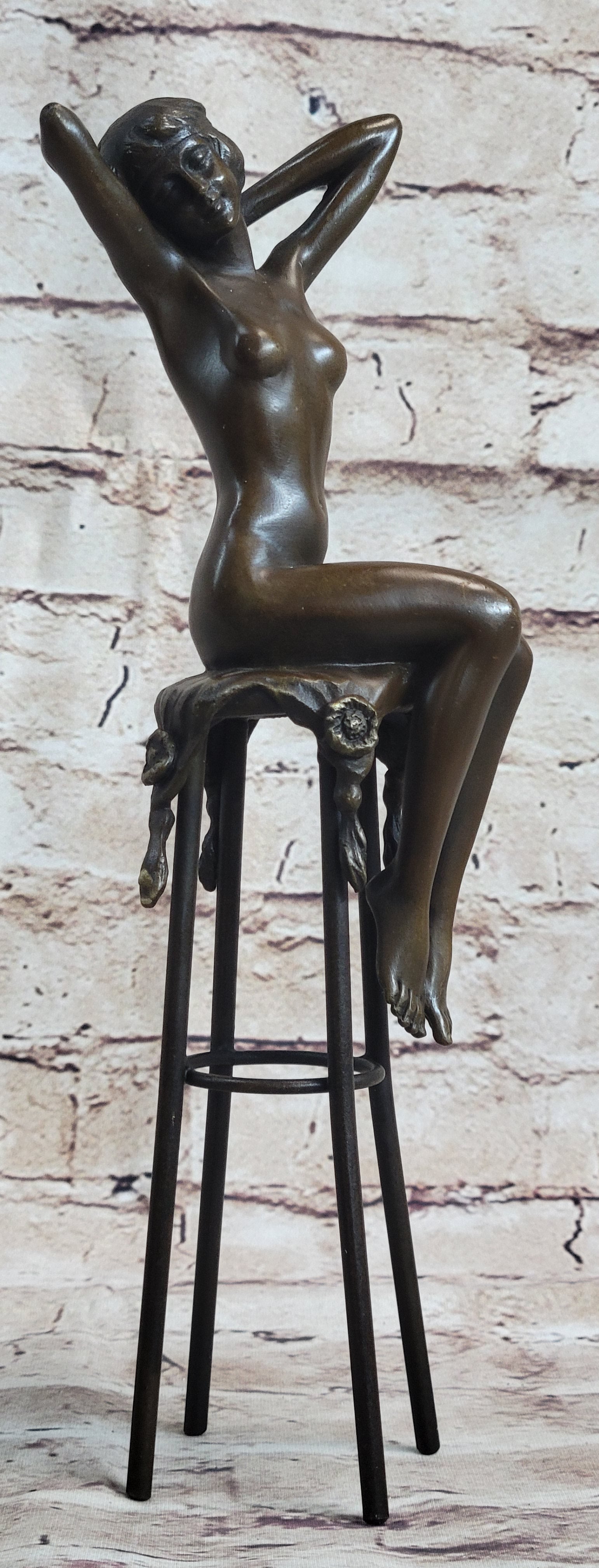 Nude Female Figure Girl Sitting on Stool Bronze Sculpture Art