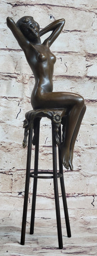 Nude Female Figure Girl Sitting on Stool Bronze Sculpture Art