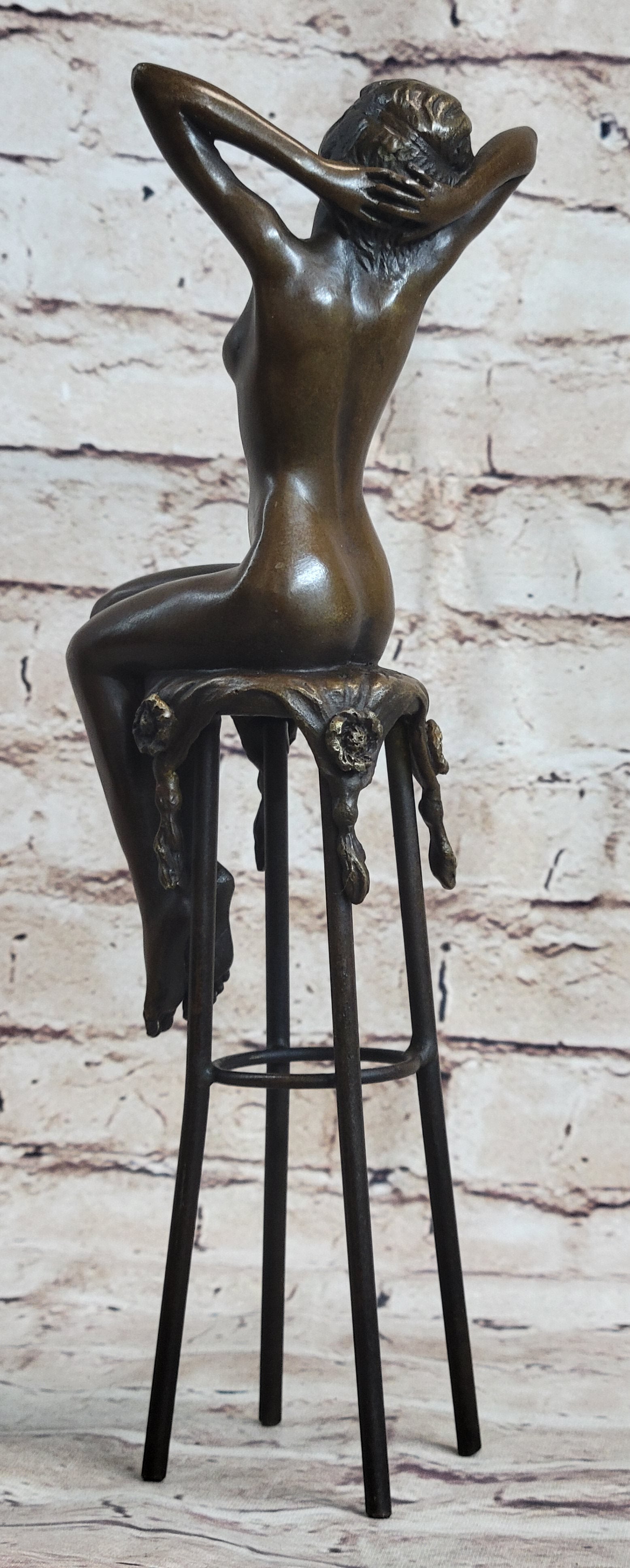 Nude Female Figure Girl Sitting on Stool Bronze Sculpture Art