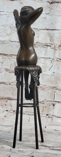 Nude Female Figure Girl Sitting on Stool Bronze Sculpture Art