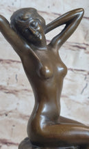 Nude Female Figure Girl Sitting on Stool Bronze Sculpture Art