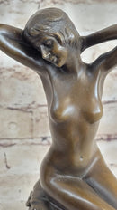 Nude Female Figure Girl Sitting on Stool Bronze Sculpture Art
