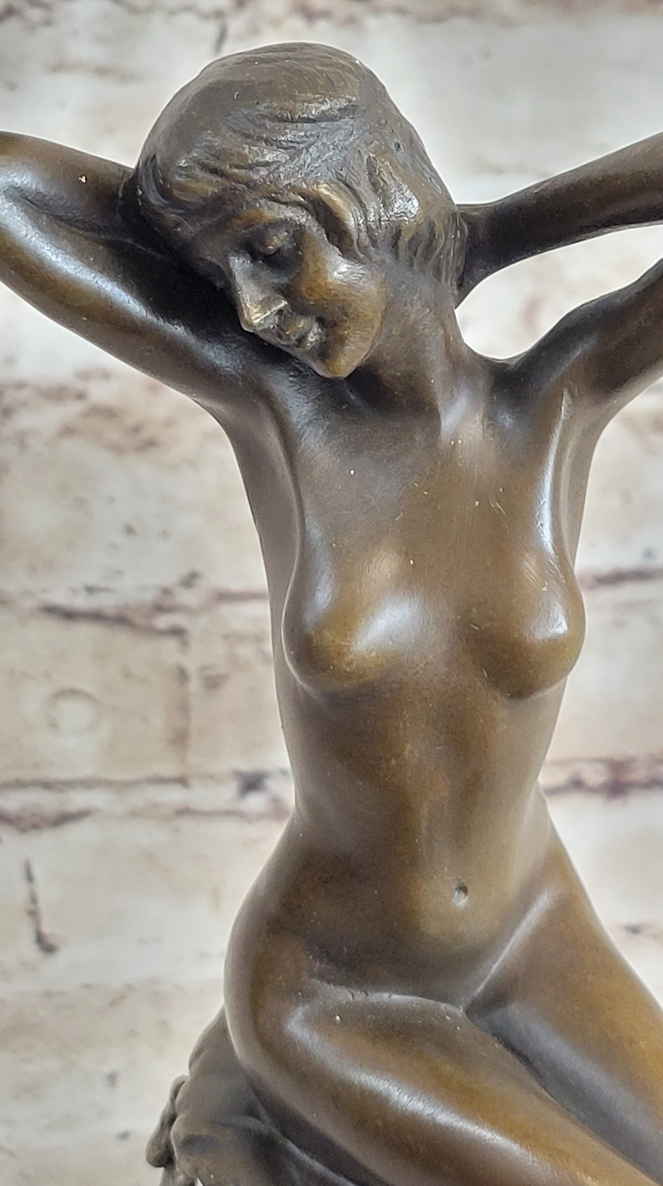 Nude Female Figure Girl Sitting on Stool Bronze Sculpture Art