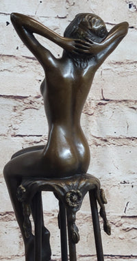Nude Female Figure Girl Sitting on Stool Bronze Sculpture Art