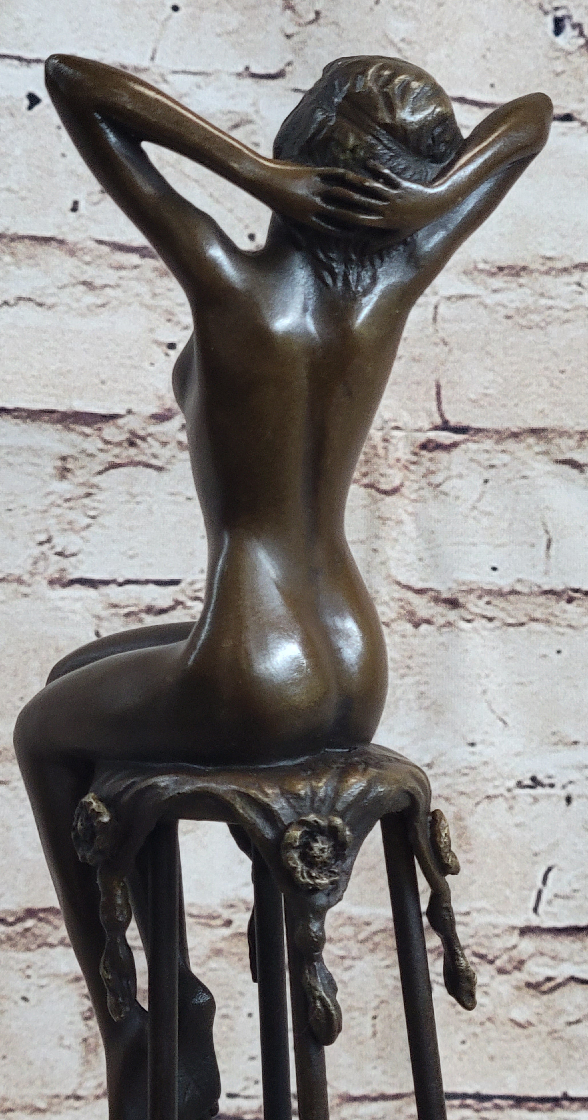 Nude Female Figure Girl Sitting on Stool Bronze Sculpture Art