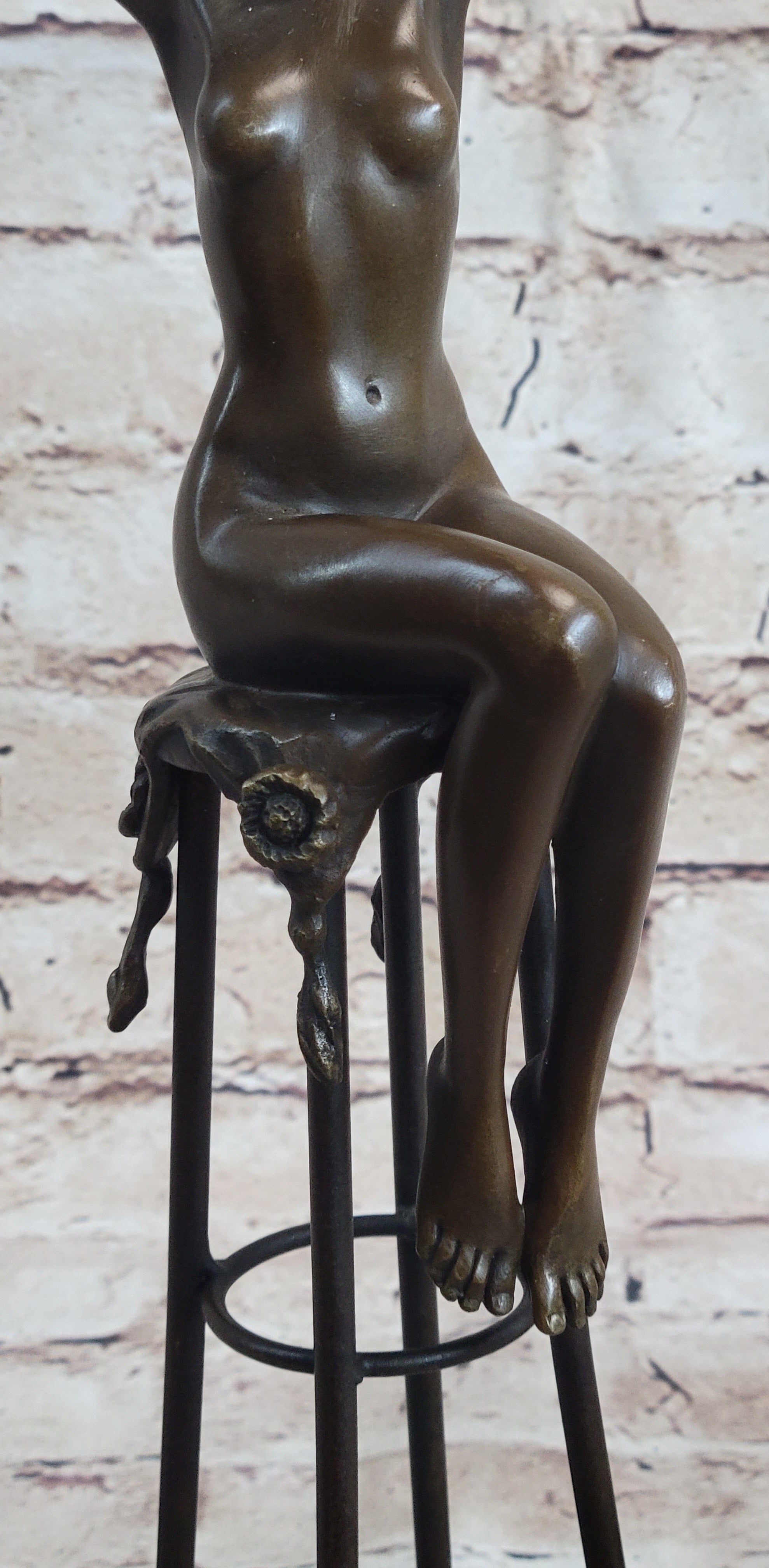 Nude Female Figure Girl Sitting on Stool Bronze Sculpture Art