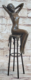 Nude Female Figure Girl Sitting on Stool Bronze Sculpture Art