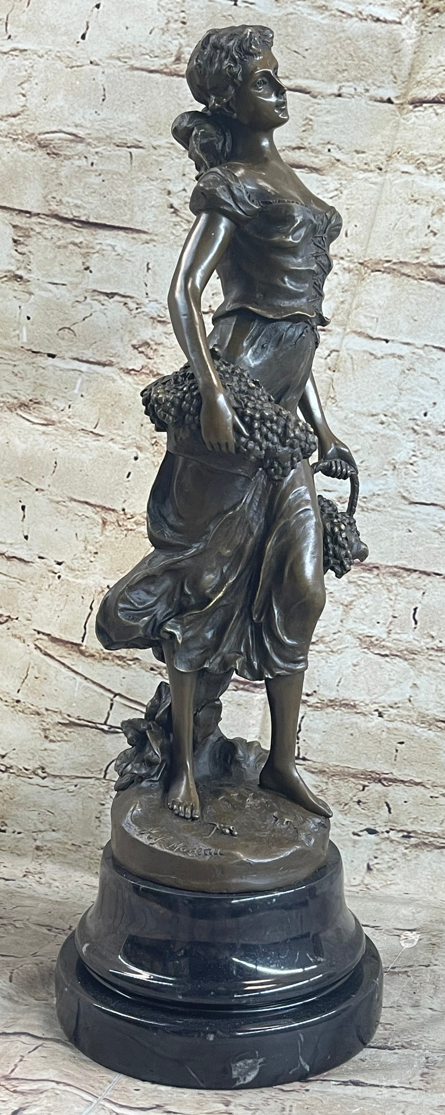 Signed Milo Maiden Picking Grape Bronze Sculpture