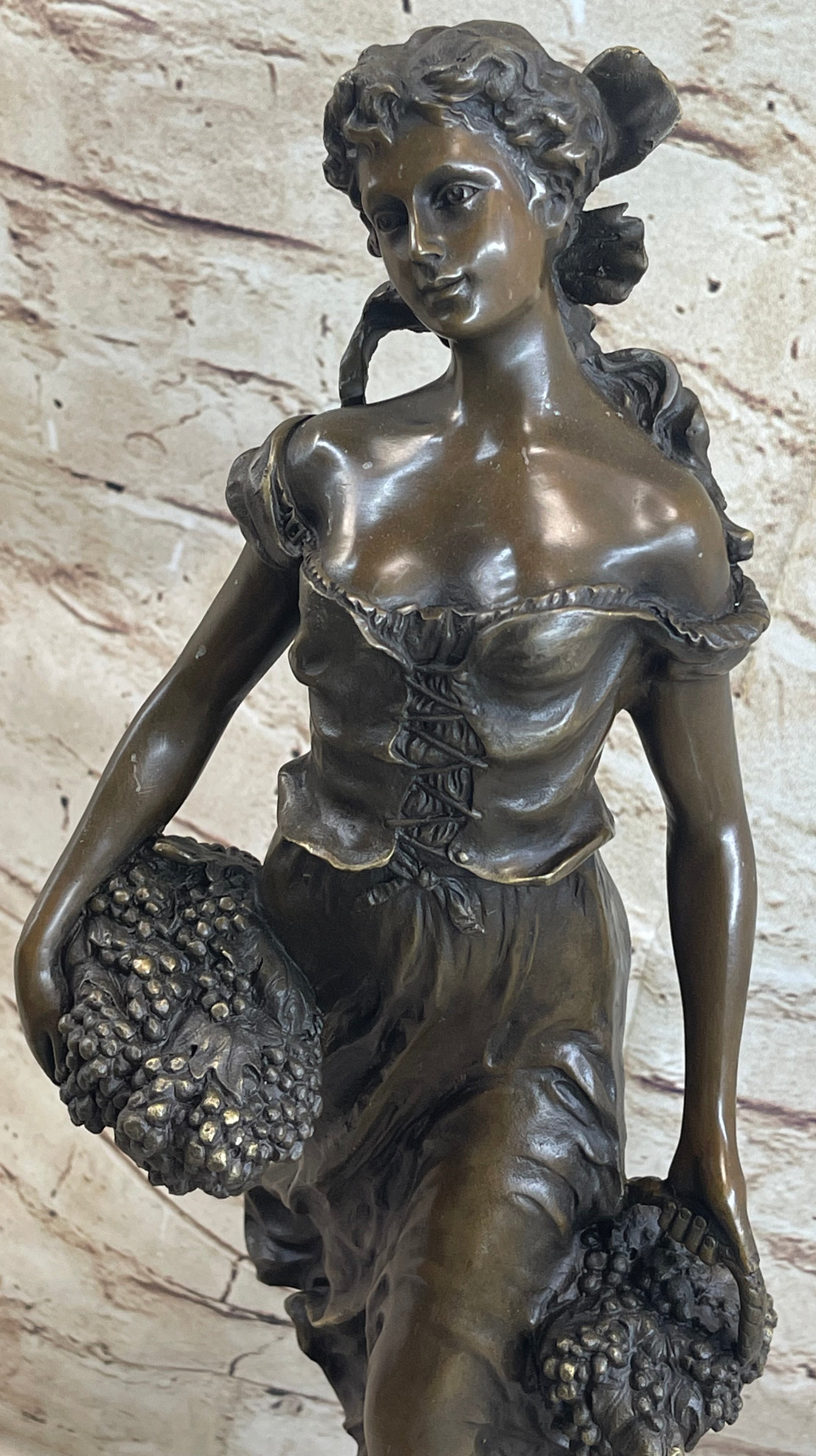 Signed Milo Maiden Picking Grape Bronze Sculpture
