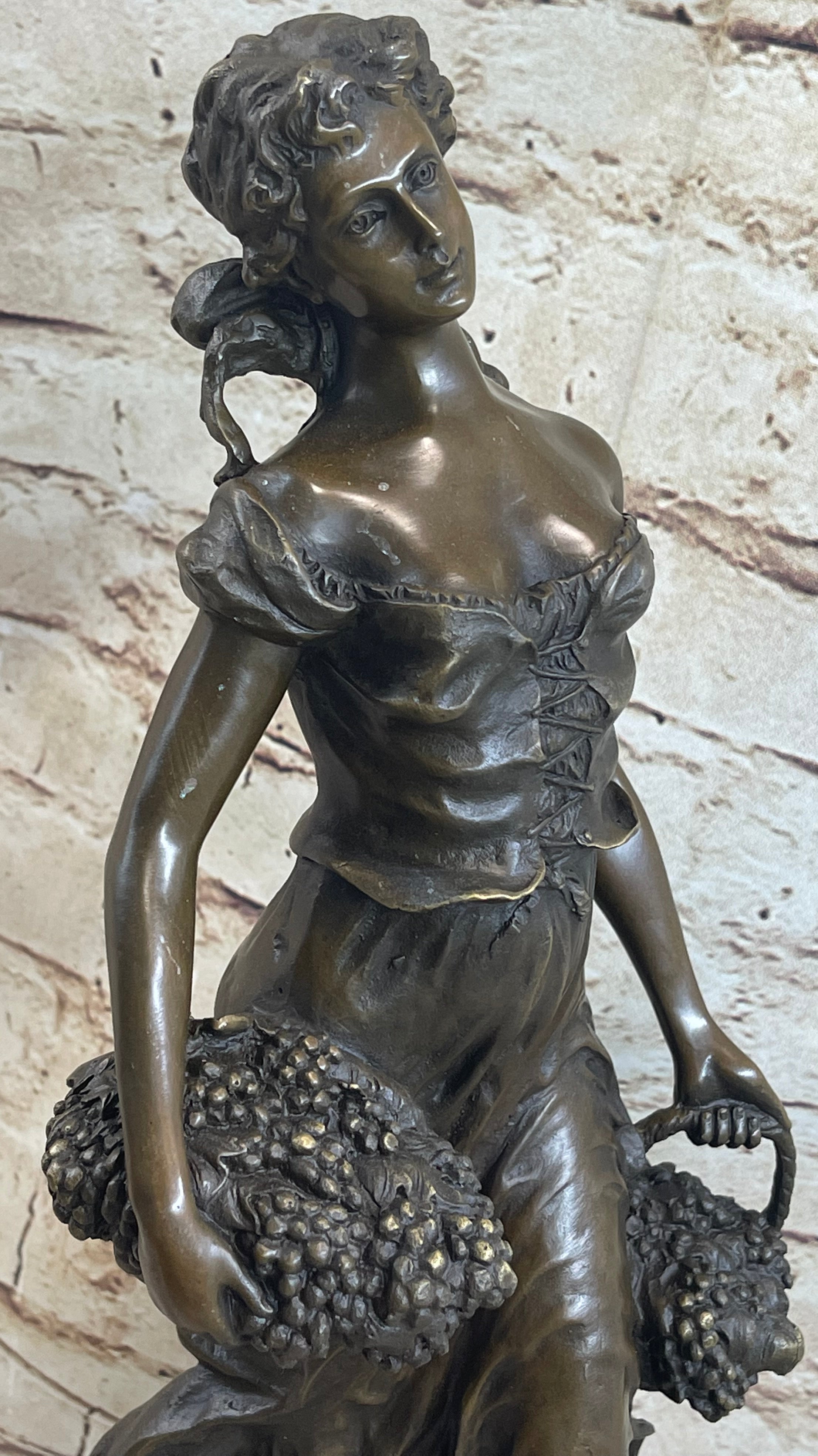 Signed Milo Maiden Picking Grape Bronze Sculpture