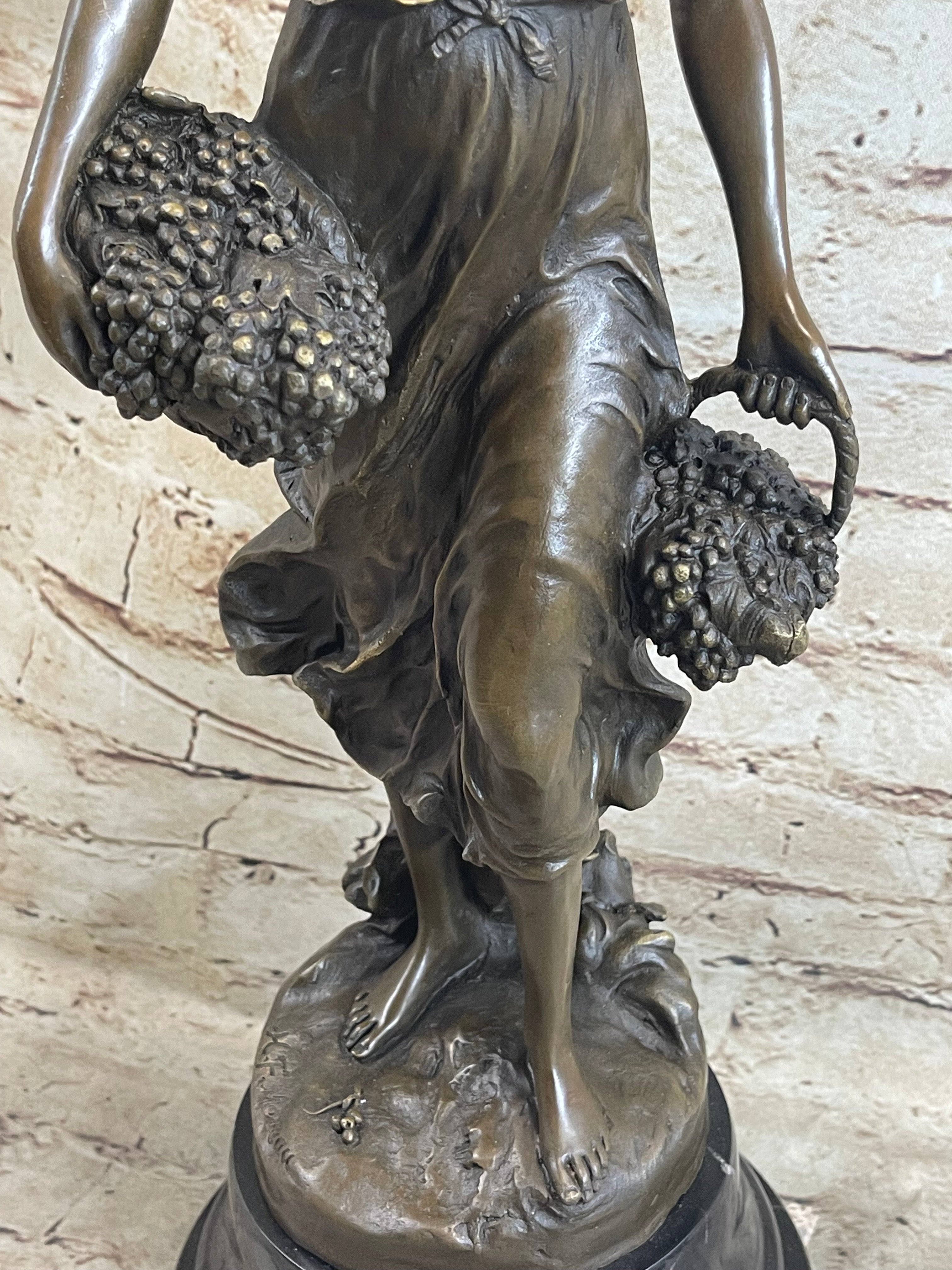 Signed Milo Maiden Picking Grape Bronze Sculpture