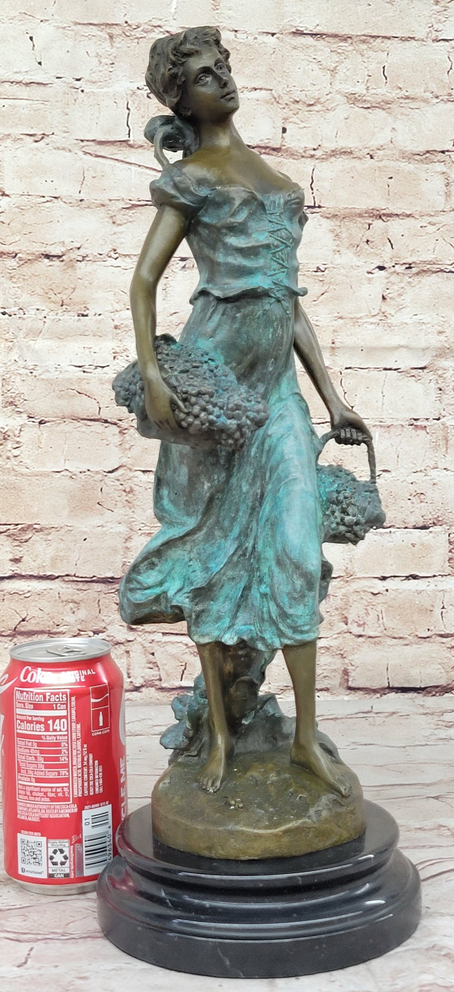Girl Carrying Basket of Grapes Bronze Figure 17" x 6"