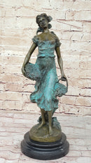 Girl Carrying Basket of Grapes Bronze Figure 17" x 6"