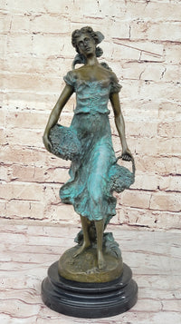 Girl Carrying Basket of Grapes Bronze Figure 17" x 6"