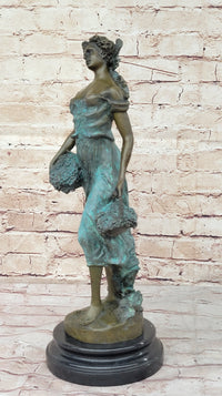 Girl Carrying Basket of Grapes Bronze Figure 17" x 6"