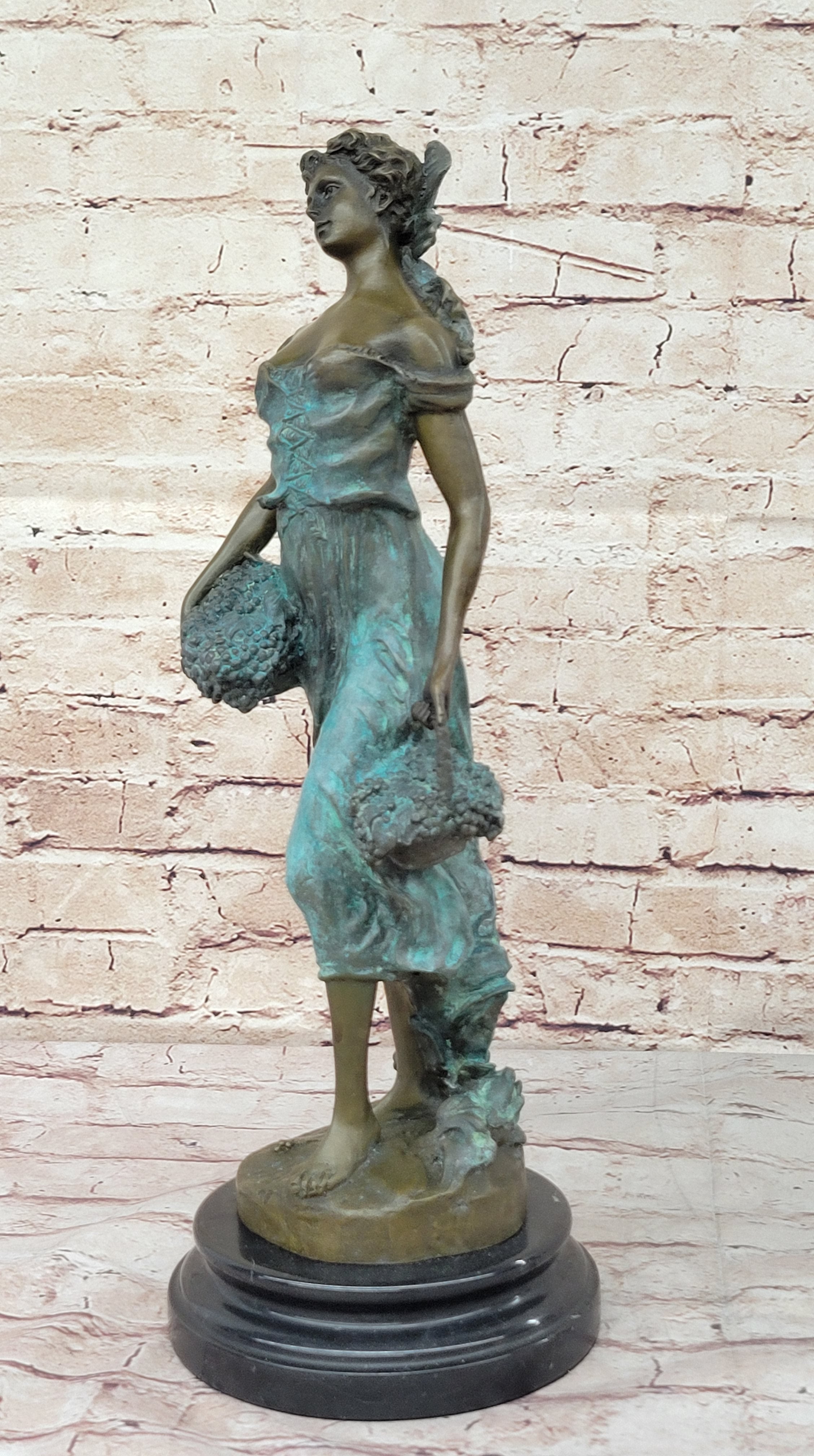 Girl Carrying Basket of Grapes Bronze Figure 17" x 6"