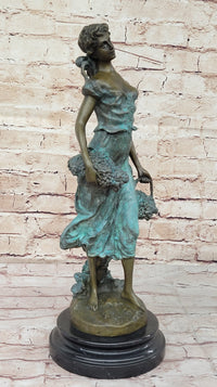 Girl Carrying Basket of Grapes Bronze Figure 17" x 6"