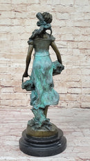 Girl Carrying Basket of Grapes Bronze Figure 17" x 6"