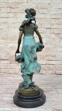 Girl Carrying Basket of Grapes Bronze Figure 17" x 6"