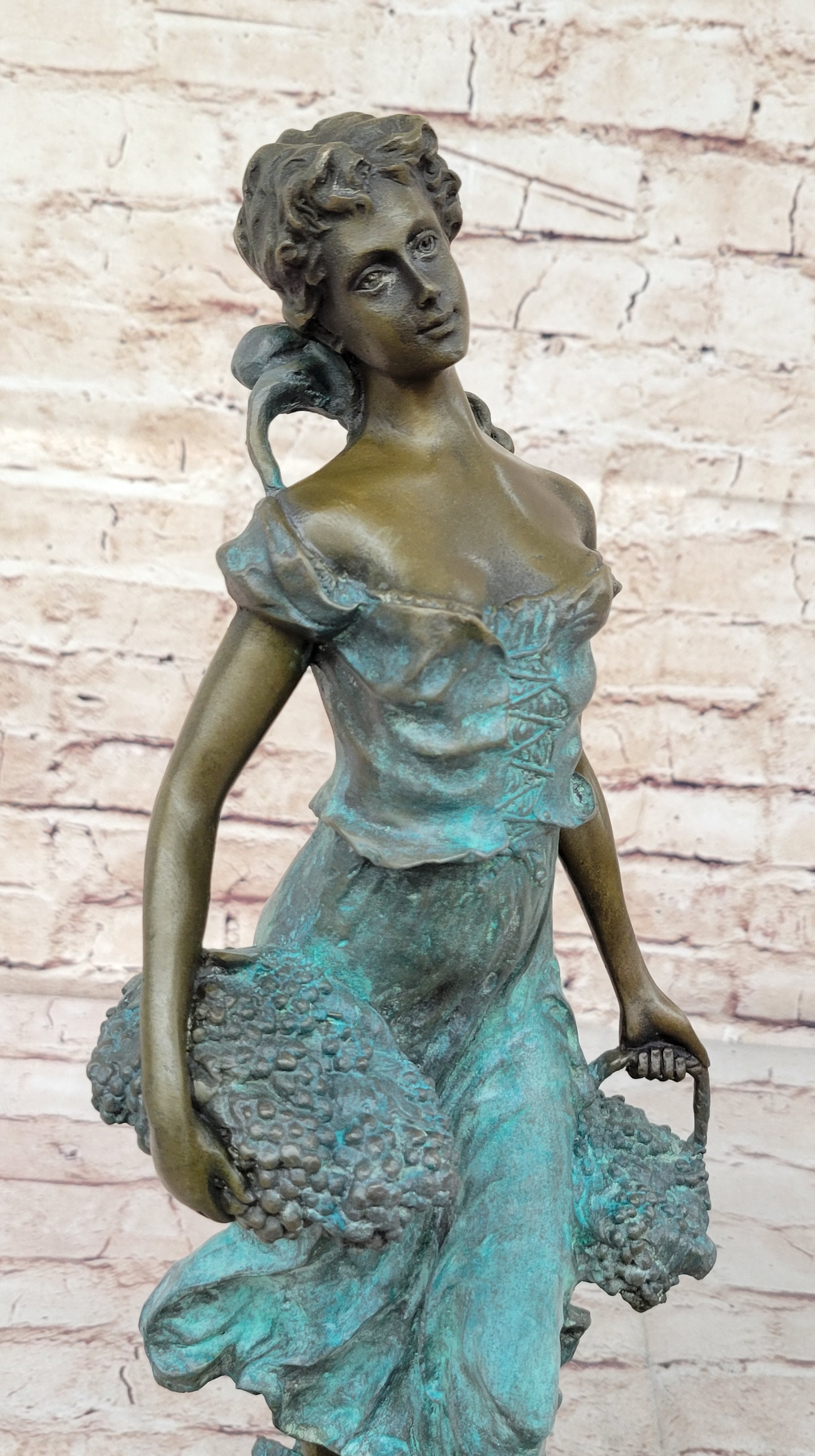 Girl Carrying Basket of Grapes Bronze Figure 17" x 6"