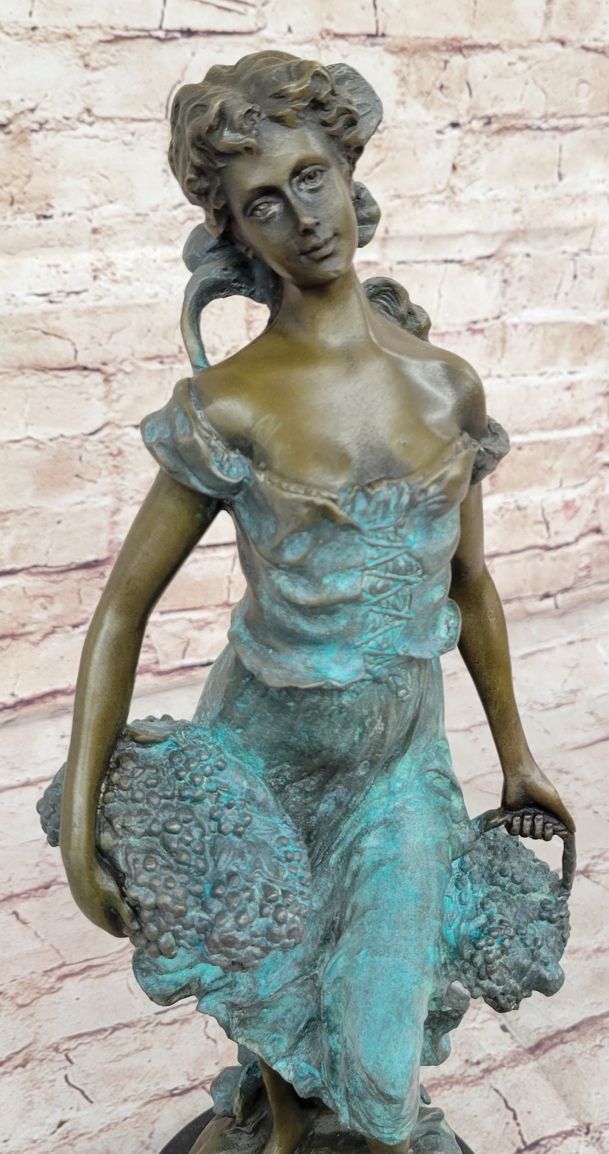 Girl Carrying Basket of Grapes Bronze Figure 17" x 6"