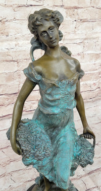 Girl Carrying Basket of Grapes Bronze Figure 17" x 6"
